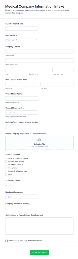 Medical Company Information Intake Form Template