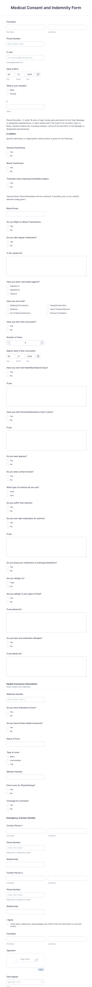 Medical Consent And Indemnity Form Template