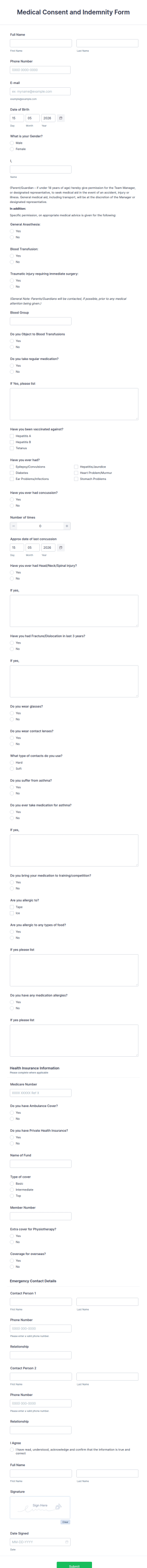 Medical Consent And Indemnity Form Template