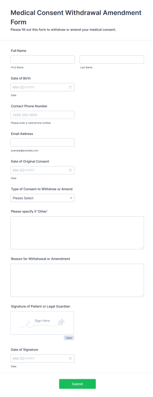 Medical Consent Withdrawal Amendment Form Template