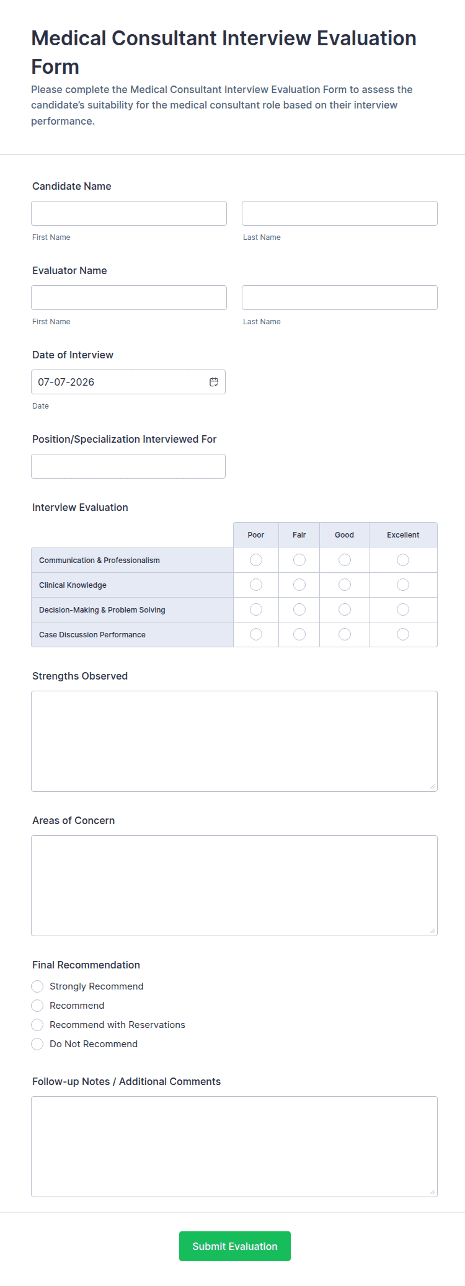 Medical Consultant Interview Evaluation Form Template | Jotform
