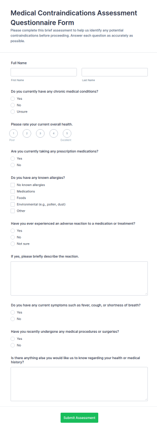 Medical Contraindications Assessment Questionnaire Form Template