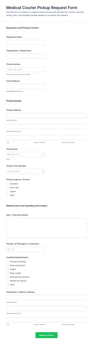 Medical Courier Pickup Request Form Template