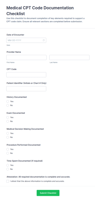 Medical CPT Code Documentation Checklist Form Template