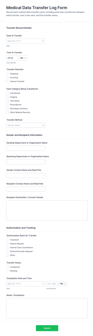 Medical Data Transfer Log Form Template