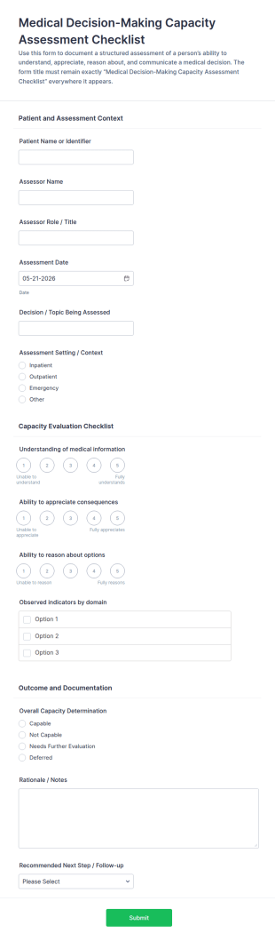 Medical Decision Making Capacity Assessment Checklist Form Template