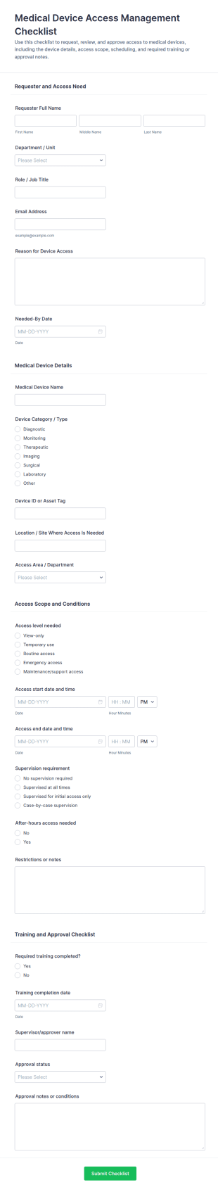 Medical Device Access Management Checklist Form Template