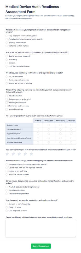 Medical Device Audit Readiness Assessment Form Template