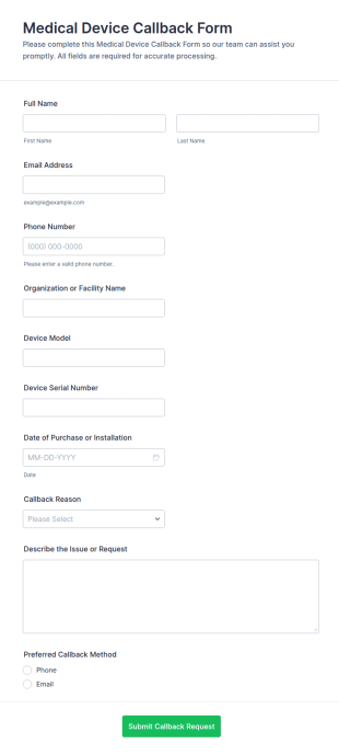 Medical Device Callback Form Template