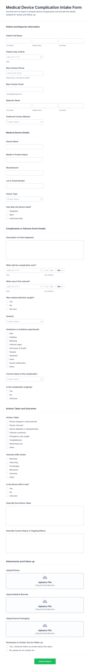 Medical Device Complication Intake Form Template