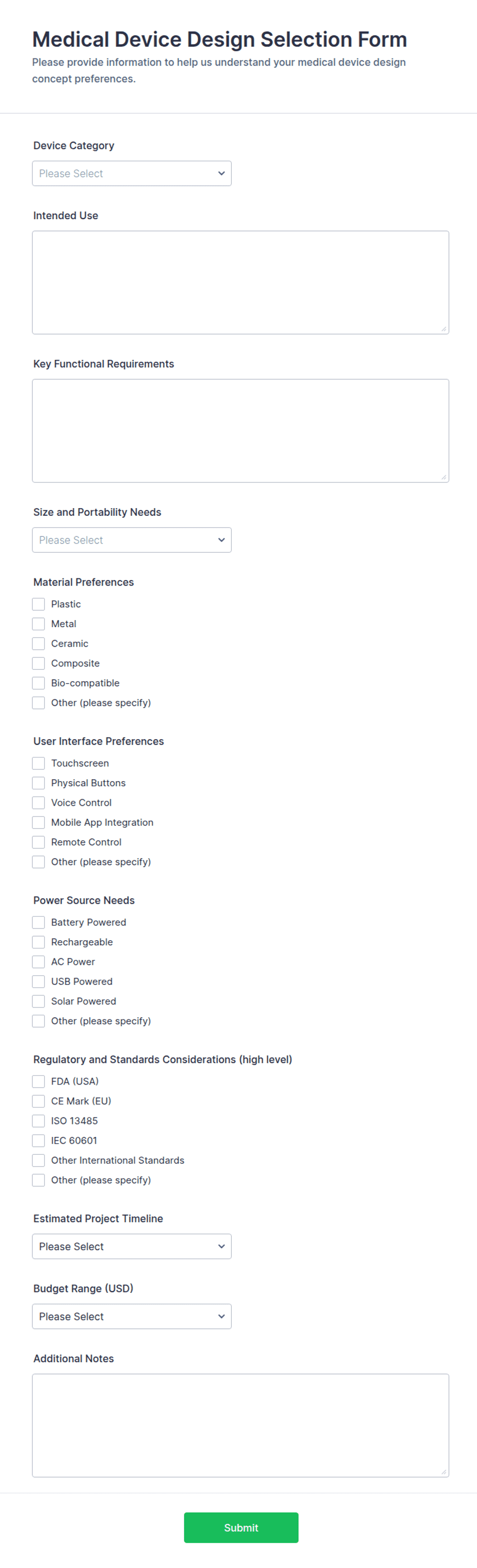 Medical Device Design Selection Form Template | Jotform
