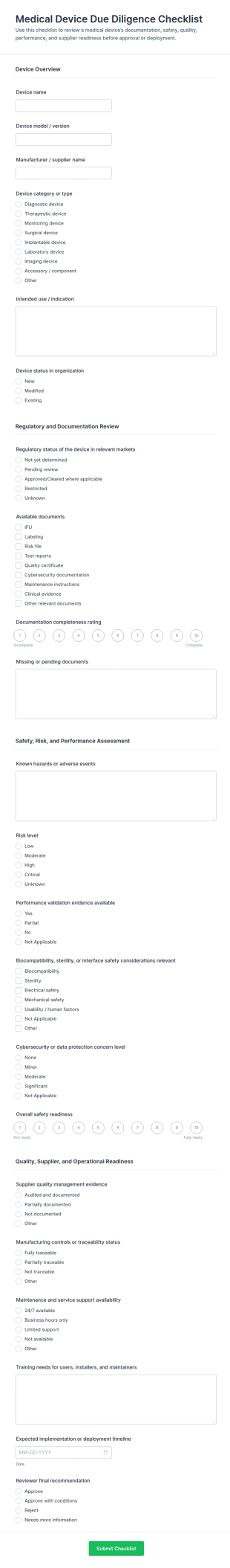 Medical Device Due Diligence Checklist Form Template