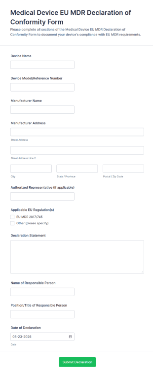 Medical Device EU MDR Declaration Of Conformity Form Template