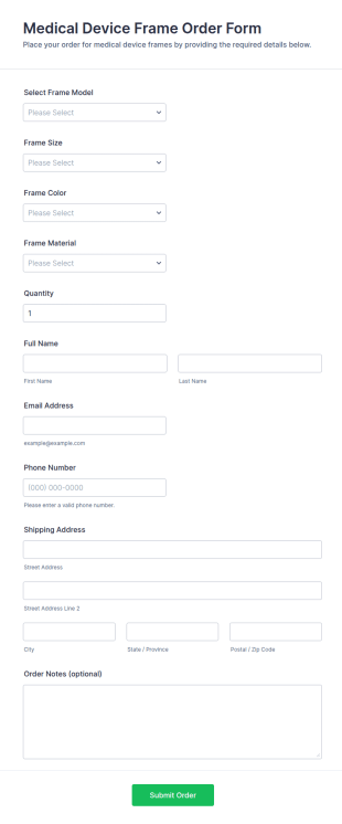 Medical Device Frame Order Form Template