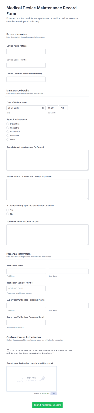 Medical Device Maintenance Record Form Template