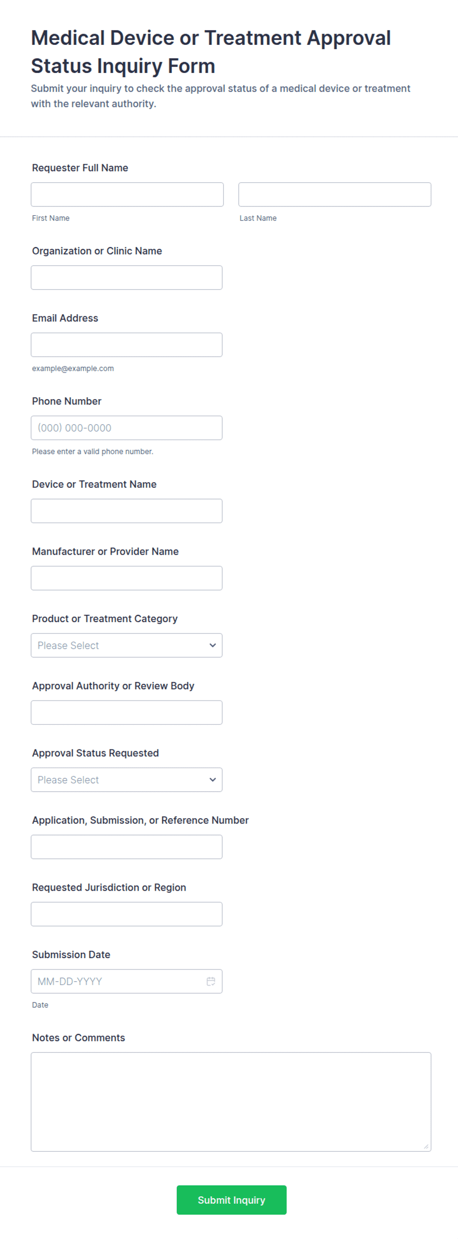 Medical Device or Treatment Approval Status Inquiry Form Template | Jotform