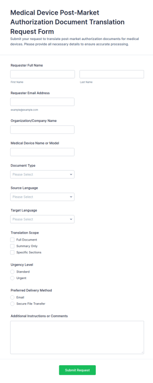 Medical Device Post Market Authorization Document Translation Request Form Template