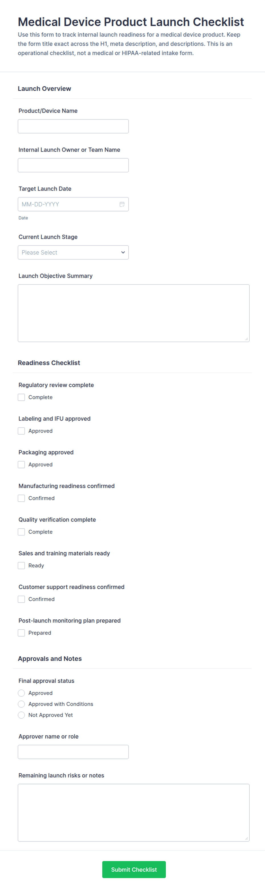 Medical Device Product Launch Checklist Form Template | Jotform