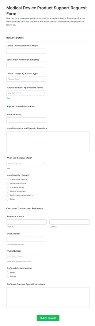 Medical Device Product Support Request Form Template