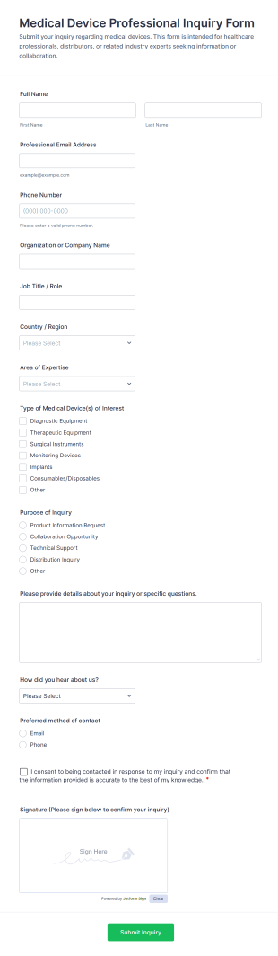 Medical Device Professional Inquiry Form Template