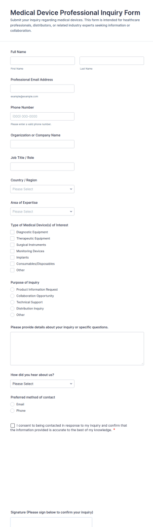 Medical Device Professional Inquiry Form Template