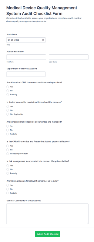 Medical Device Quality Management System Audit Checklist Form Template