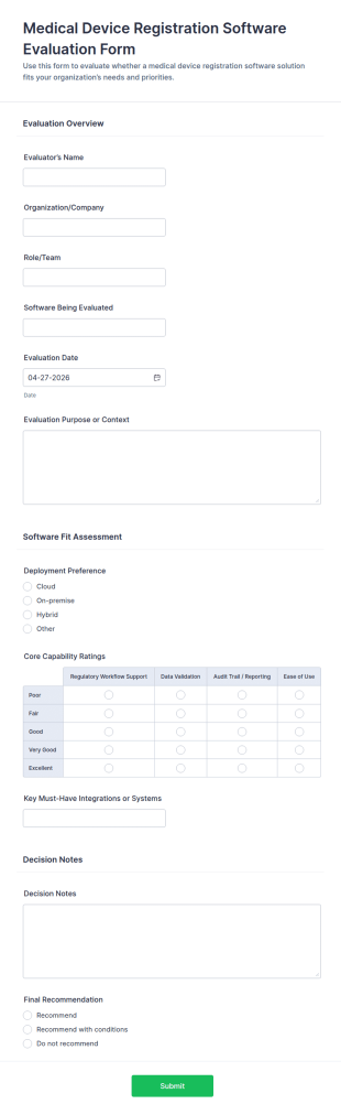 Medical Device Registration Software Evaluation Form Template