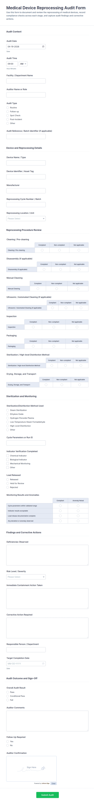 Medical Device Reprocessing Audit Form Template