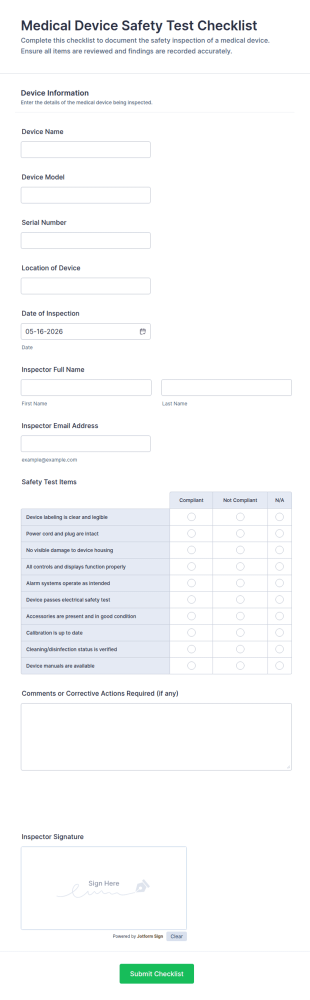Medical Device Safety Test Checklist Form Template