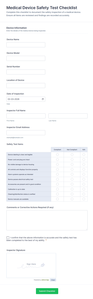 Medical Device Safety Test Checklist Form Template