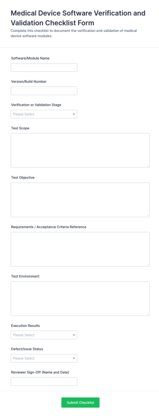 Medical Device Software Verification And Validation Checklist Form Template