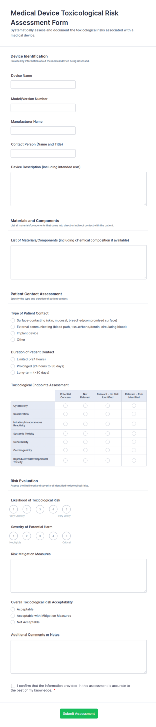 Medical Device Toxicological Risk Assessment Form Template