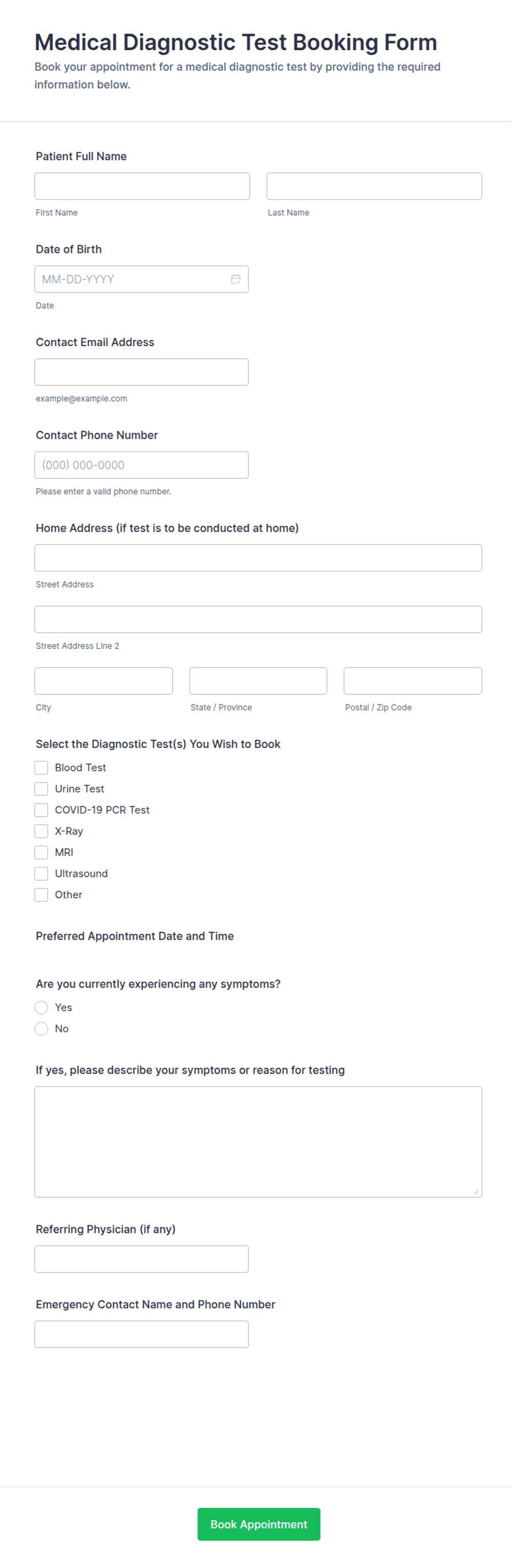 Medical Routine Test Template Medical Diagnostic Test Booking Form Template | Jotform