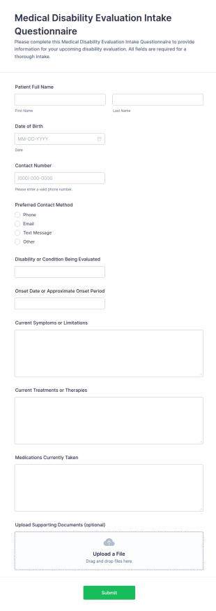 Medical Disability Evaluation Intake Questionnaire Form Template