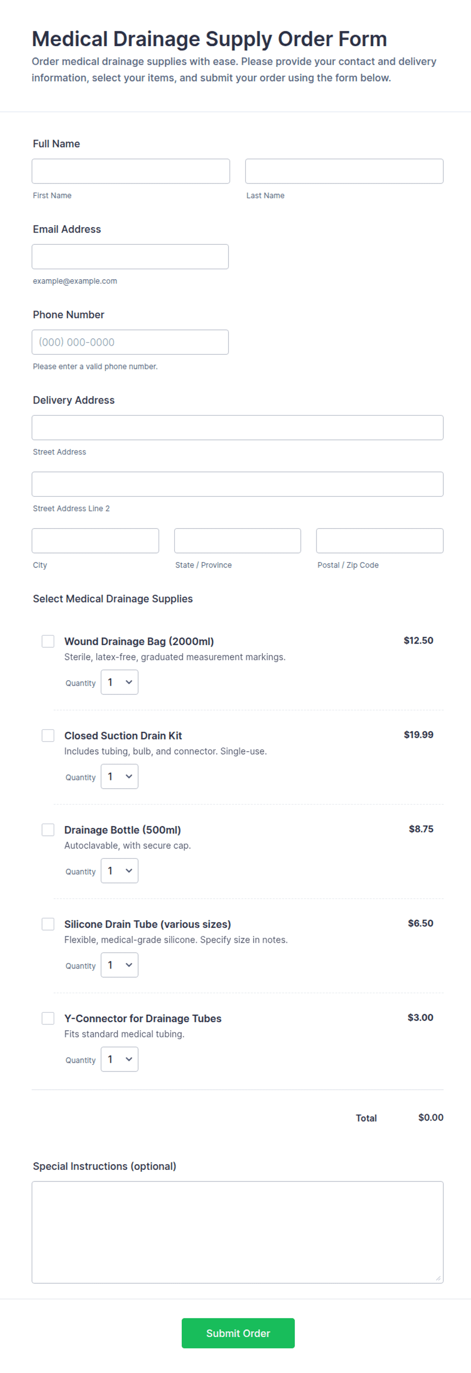 Medical Drainage Supply Order Form Template | Jotform