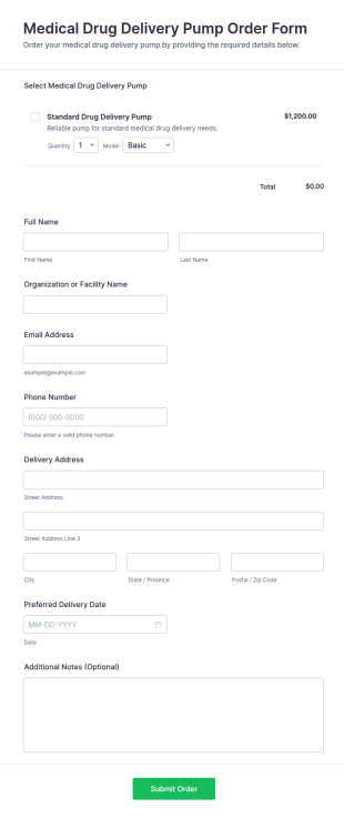 Medical Drug Delivery Pump Order Form Template