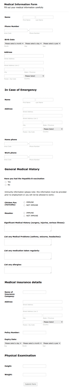 Medical Employment Information Form Template