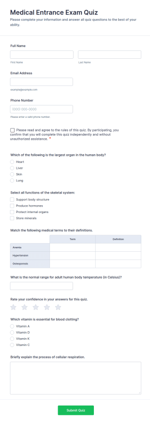 Medical Entrance Exam Quiz Form Template