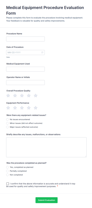 Medical Equipment Procedure Evaluation Form Template