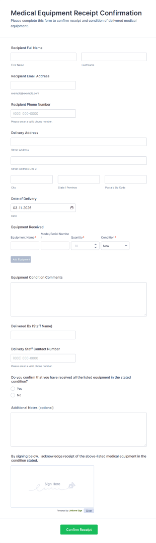 Medical Equipment Receipt Confirmation Form Template