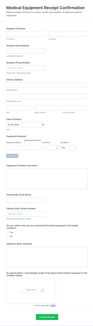 Medical Equipment Receipt Confirmation Form Template
