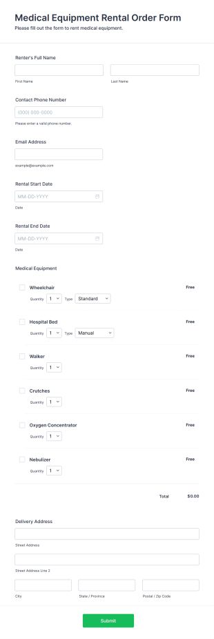 Medical Equipment Rental Order Form Form Template