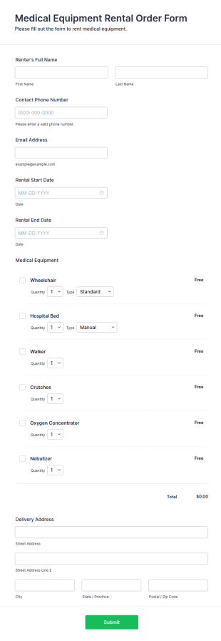 Medical Equipment Rental Order Form Template