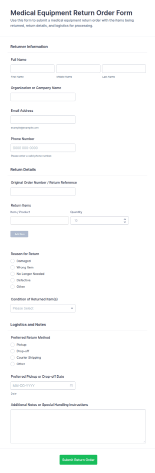 Medical Equipment Return Order Form Template
