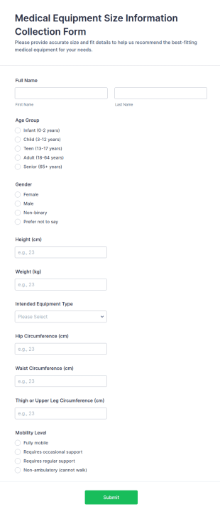 Medical Equipment Size Information Collection Form Template