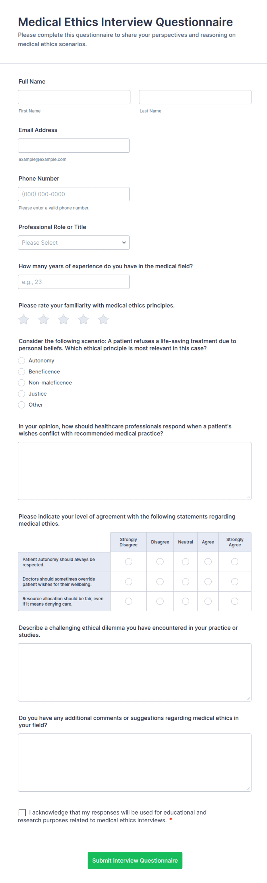 Medical Ethics Interview Questionnaire Form Template | Jotform