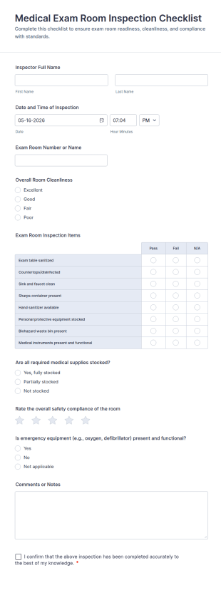 Medical Exam Room Inspection Checklist Form Template