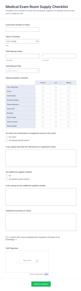 Medical Exam Room Supply Checklist Form Template