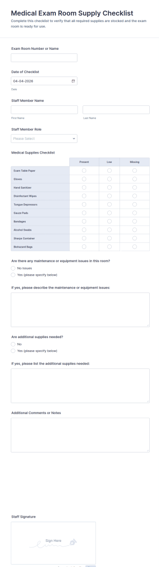 Medical Exam Room Supply Checklist Form Template