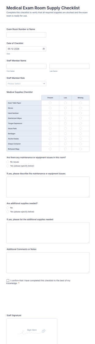 Medical Exam Room Supply Checklist Form Template
